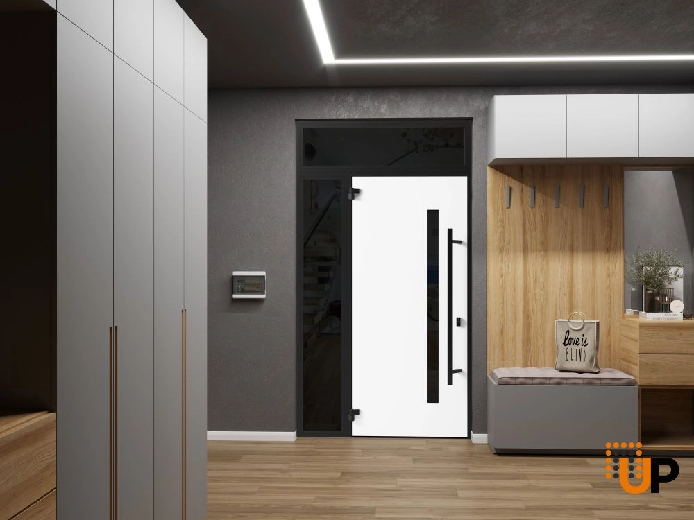 Single swing metal-aluminum modern exterior door with triplex glass | Ronex 0162 Red Oak | 48 x 96 photo#4