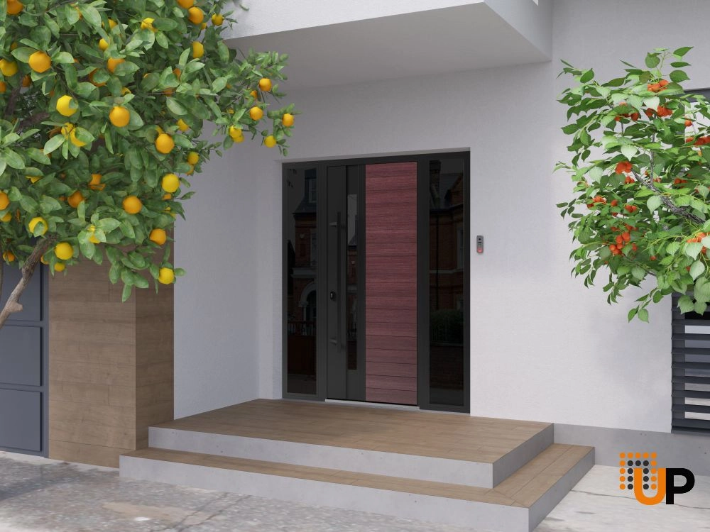 Single swing metal-aluminum modern exterior door with triplex glass | Ronex 0162 Red Oak | 60 x 80 photo#3