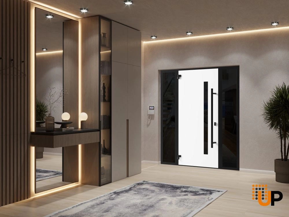 Single swing metal-aluminum modern exterior door with triplex glass | Ronex 0162 Red Oak | 60 x 80 photo#4