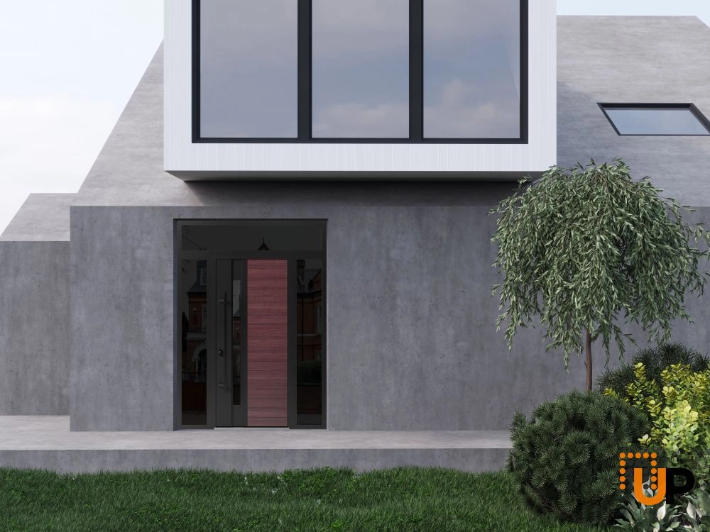 Single swing metal-aluminum modern exterior door with triplex glass | Ronex 0162 Red Oak | 60 x 96 photo#3