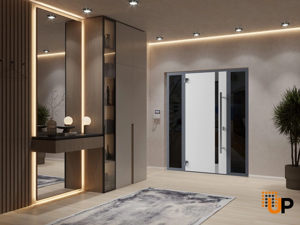 Single swing metal-aluminum modern exterior door with triplex glass | Ronex 1011 Gray | 68 x 80 photo#4