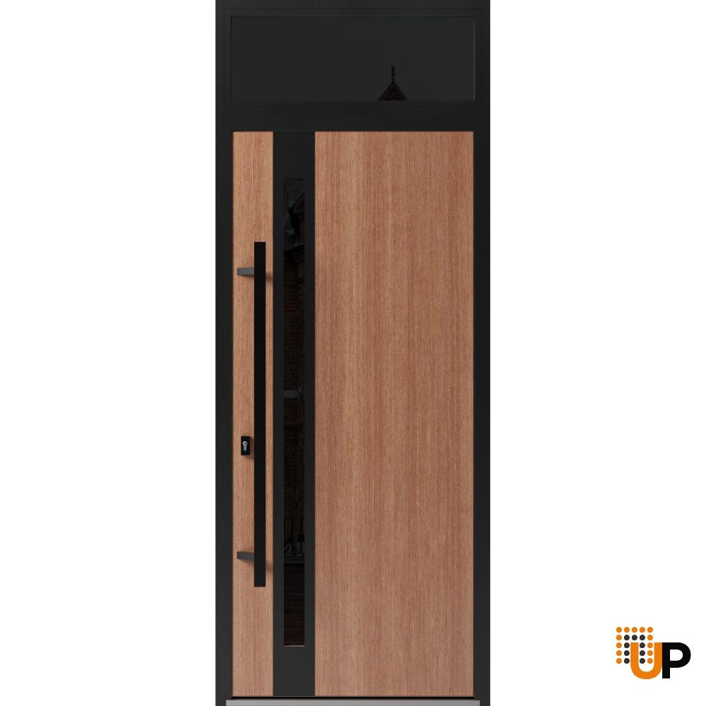 Single swing metal-aluminum modern exterior door with triplex glass | Ronex 1033 Oak | 36 x 96 (36 x 80+16) photo#1