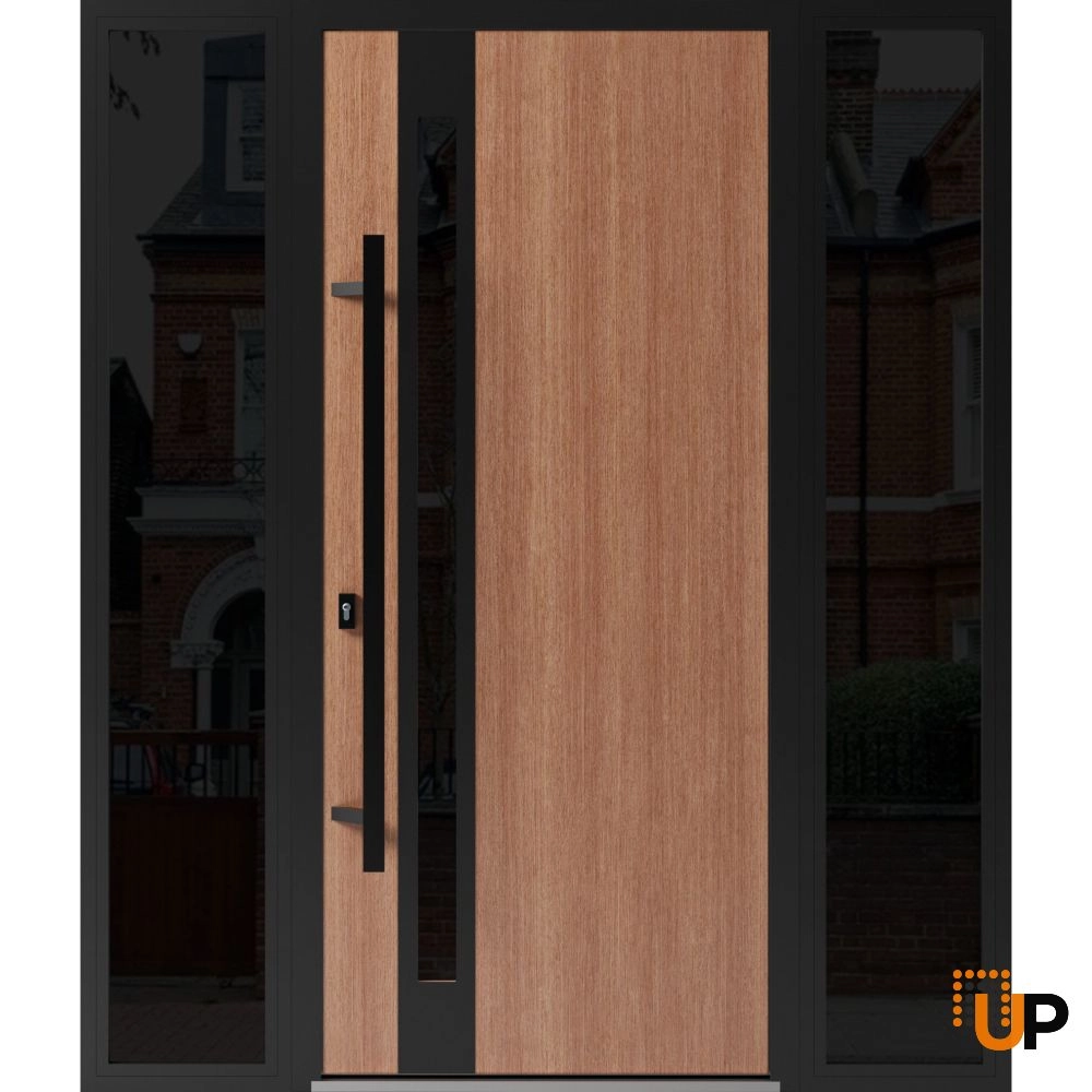 Single swing metal-aluminum modern exterior door with triplex glass | Ronex 1033 Oak | 64 x 80 (14+36+14 x 80) photo#1