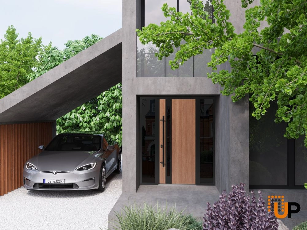 Single swing metal-aluminum modern exterior door with triplex glass | Ronex 1033 Oak | 64 x 80 (14+36+14 x 80) photo#3