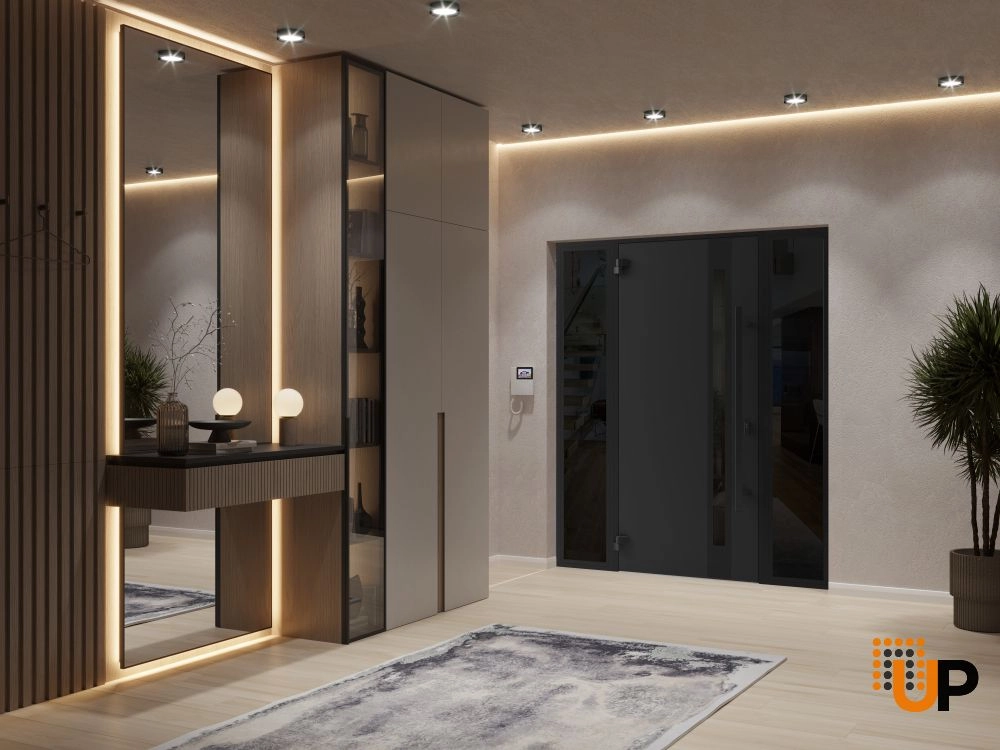 Single swing metal-aluminum modern exterior door with triplex glass | Ronex 1033 Oak | 64 x 80 (14+36+14 x 80) photo#4