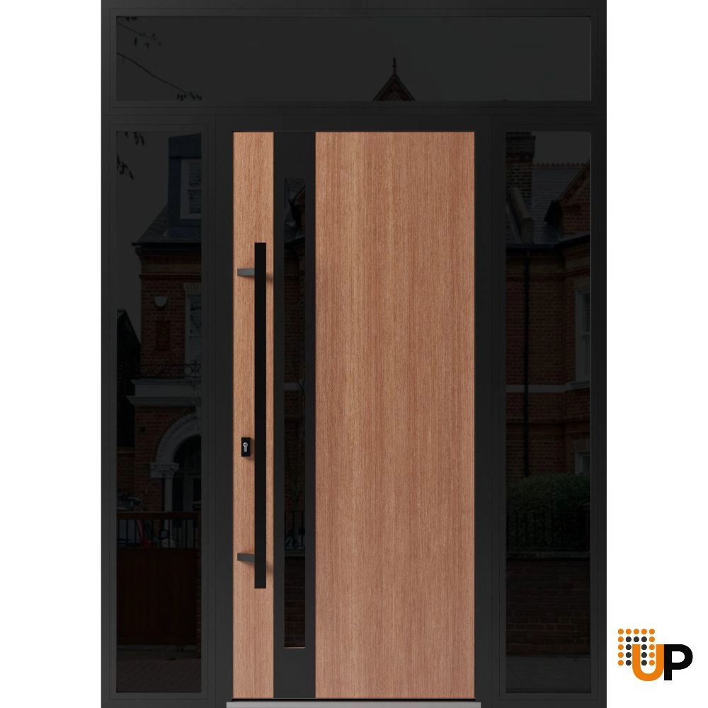 Single swing metal-aluminum modern exterior door with triplex glass | Ronex 1033 Oak | 64 x 96 (14+36+14 x 80+16) photo#1