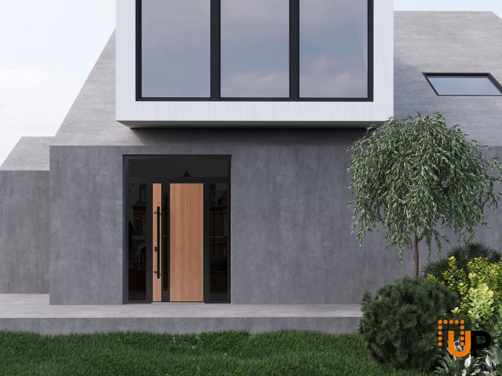 Single swing metal-aluminum modern exterior door with triplex glass | Ronex 1033 Oak | 64 x 96 (14+36+14 x 80+16) photo#3