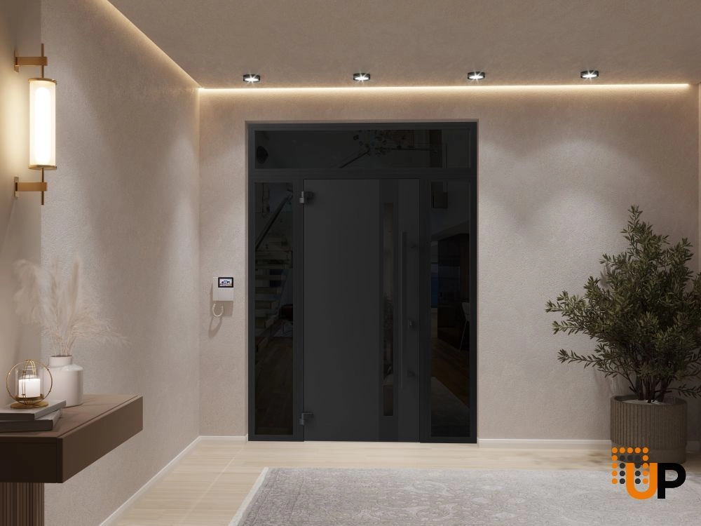 Single swing metal-aluminum modern exterior door with triplex glass | Ronex 1033 Oak | 64 x 96 (14+36+14 x 80+16) photo#4
