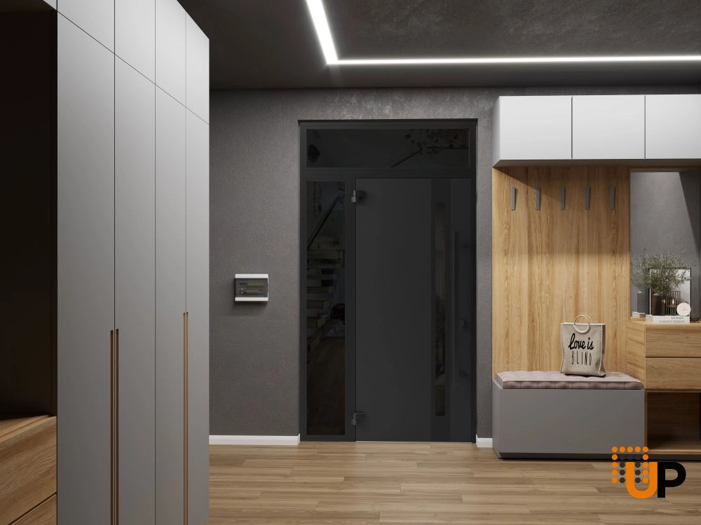 Single swing metal-aluminum modern exterior door with triplex glass | Ronex 1033 Oak | 52 x 96 (36+16 x 80+16) photo#4