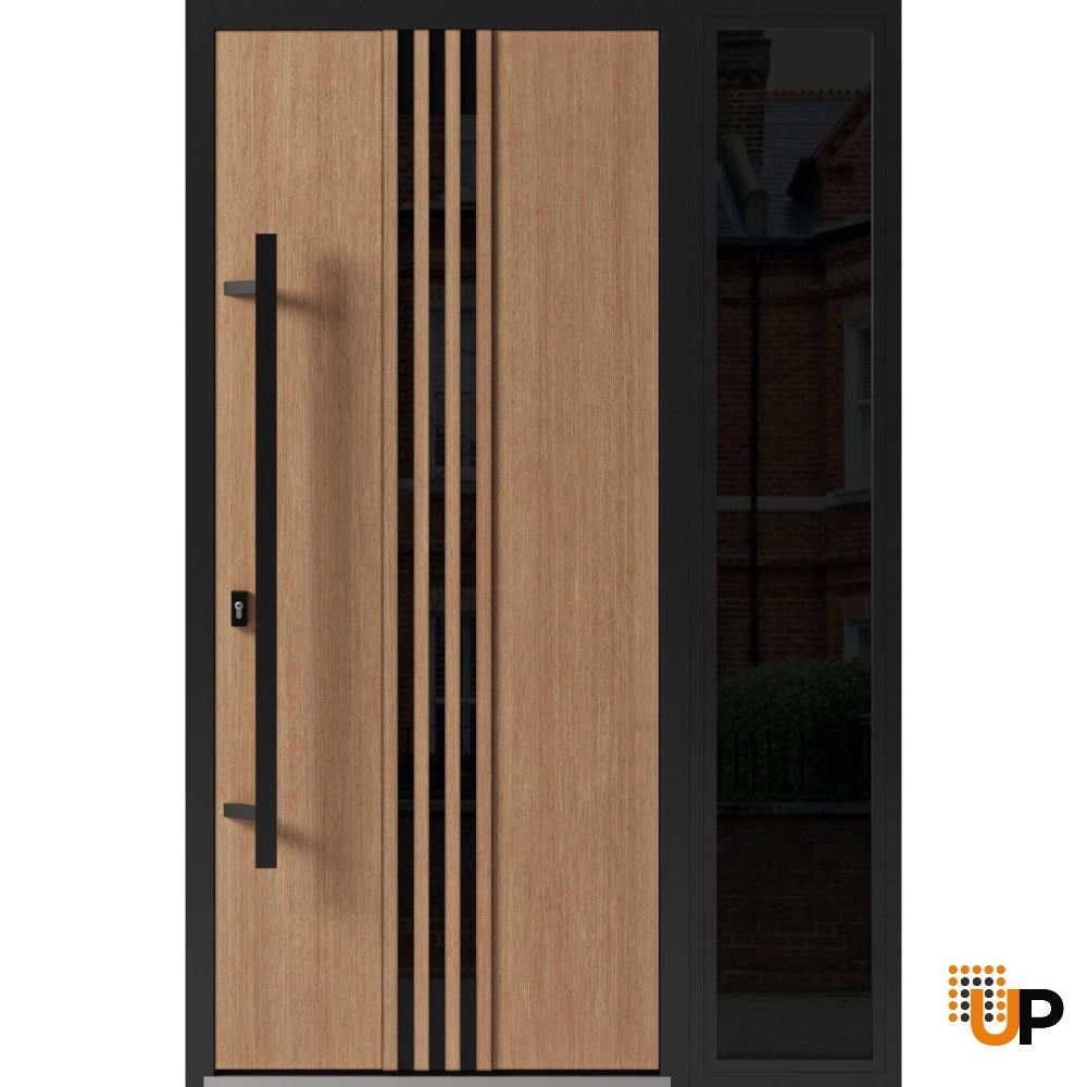 Single swing metal-aluminum modern exterior door with triplex glass | Ronex 1055 Oak | 48 x 80 photo#1