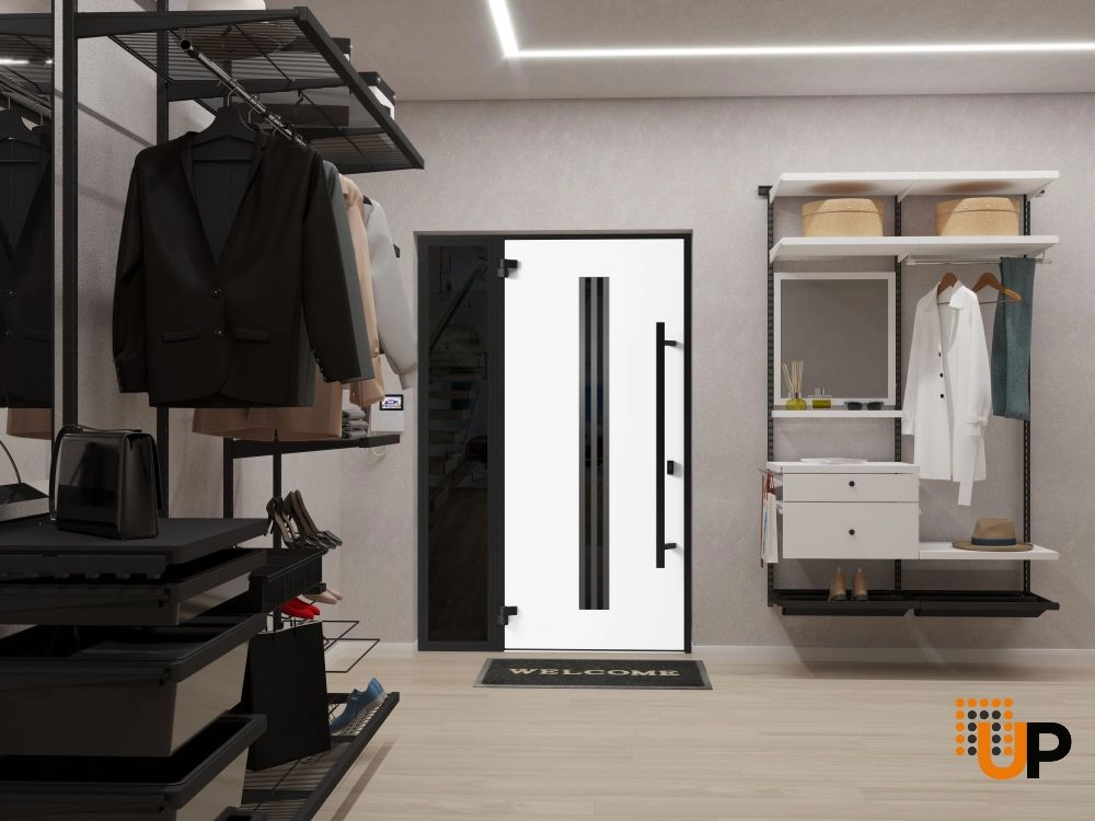 Single swing metal-aluminum modern exterior door with triplex glass | Ronex 1055 Oak | 48 x 80 photo#4