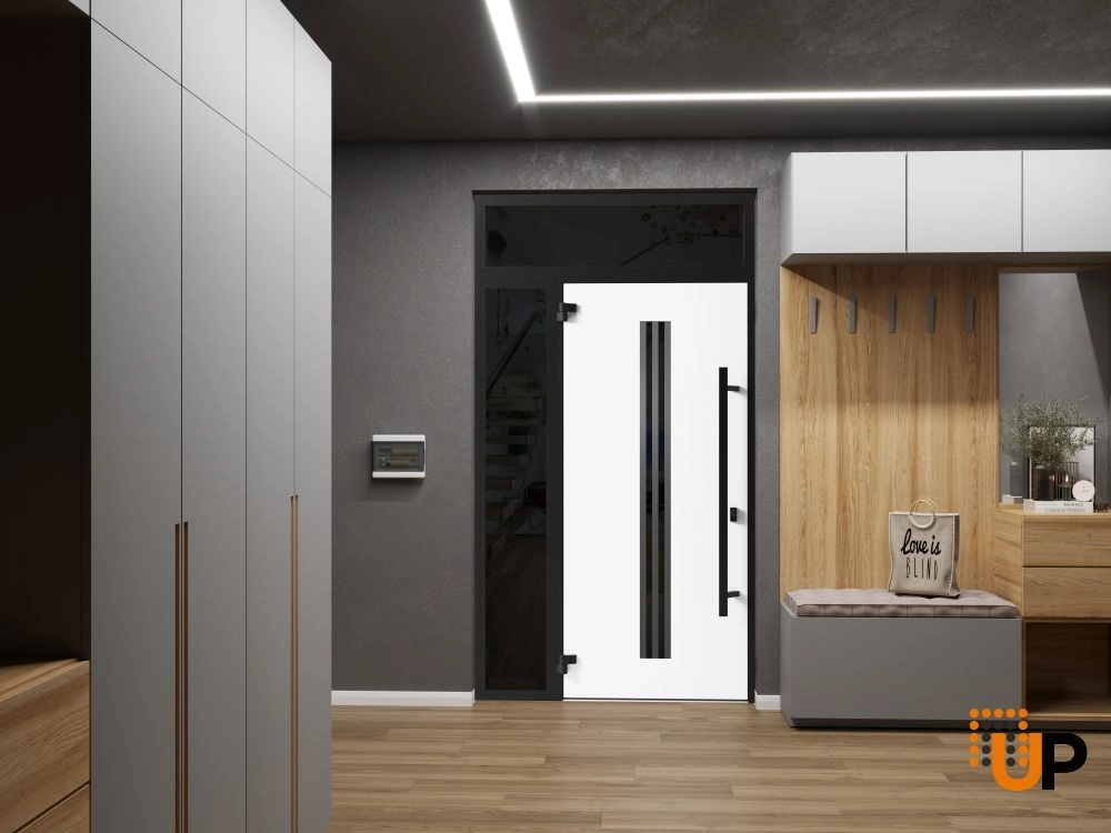Single swing metal-aluminum modern exterior door with triplex glass | Ronex 1055 Oak | 50 x 96 photo#4