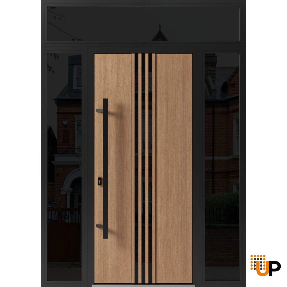 Single swing metal-aluminum modern exterior door with triplex glass | Ronex 1055 Oak | 64 x 96 photo#1