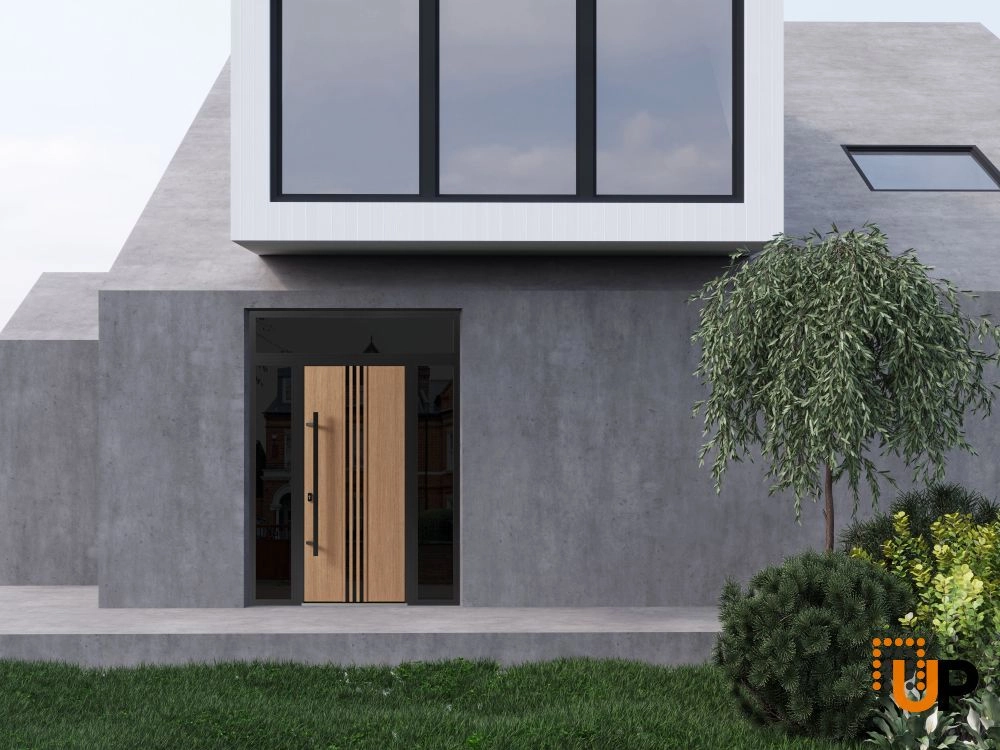 Single swing metal-aluminum modern exterior door with triplex glass | Ronex 1055 Oak | 64 x 96 photo#3