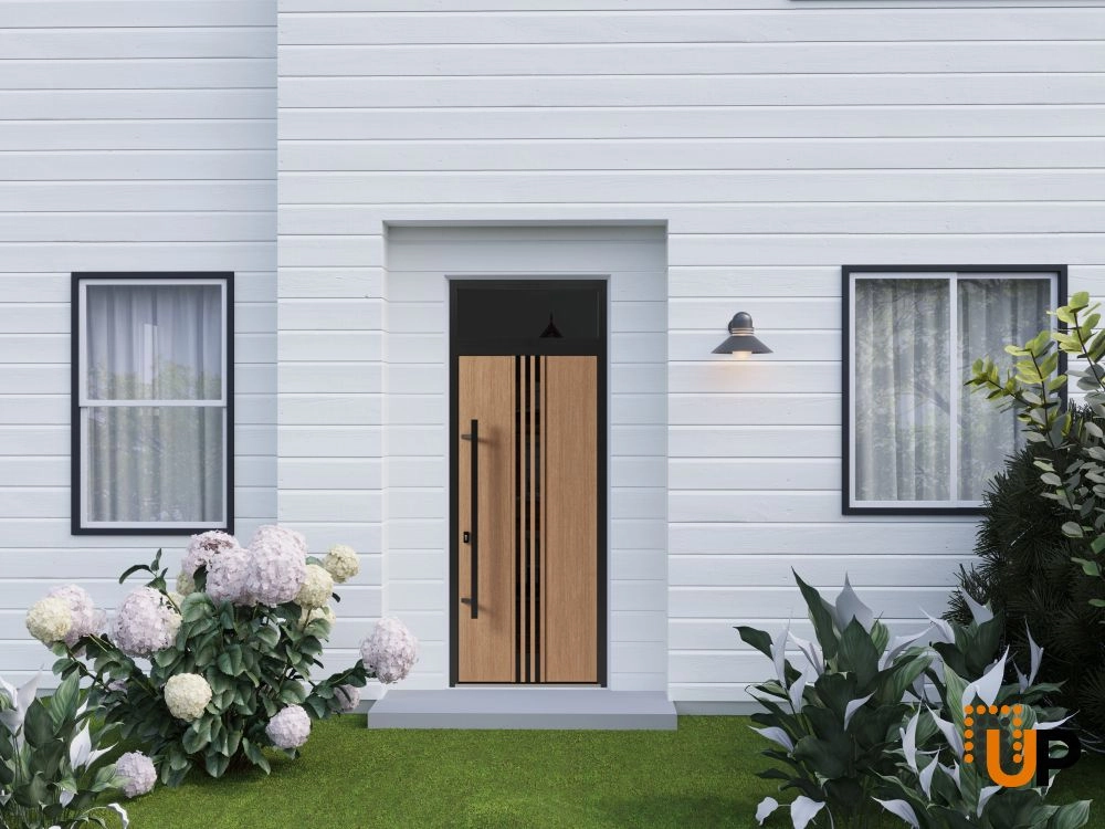Single swing metal-aluminum modern exterior door with triplex glass | Ronex 1055 Oak | 36 x 96 photo#3