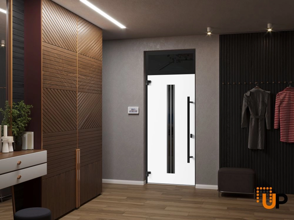 Single swing metal-aluminum modern exterior door with triplex glass | Ronex 1055 Oak | 36 x 96 photo#4