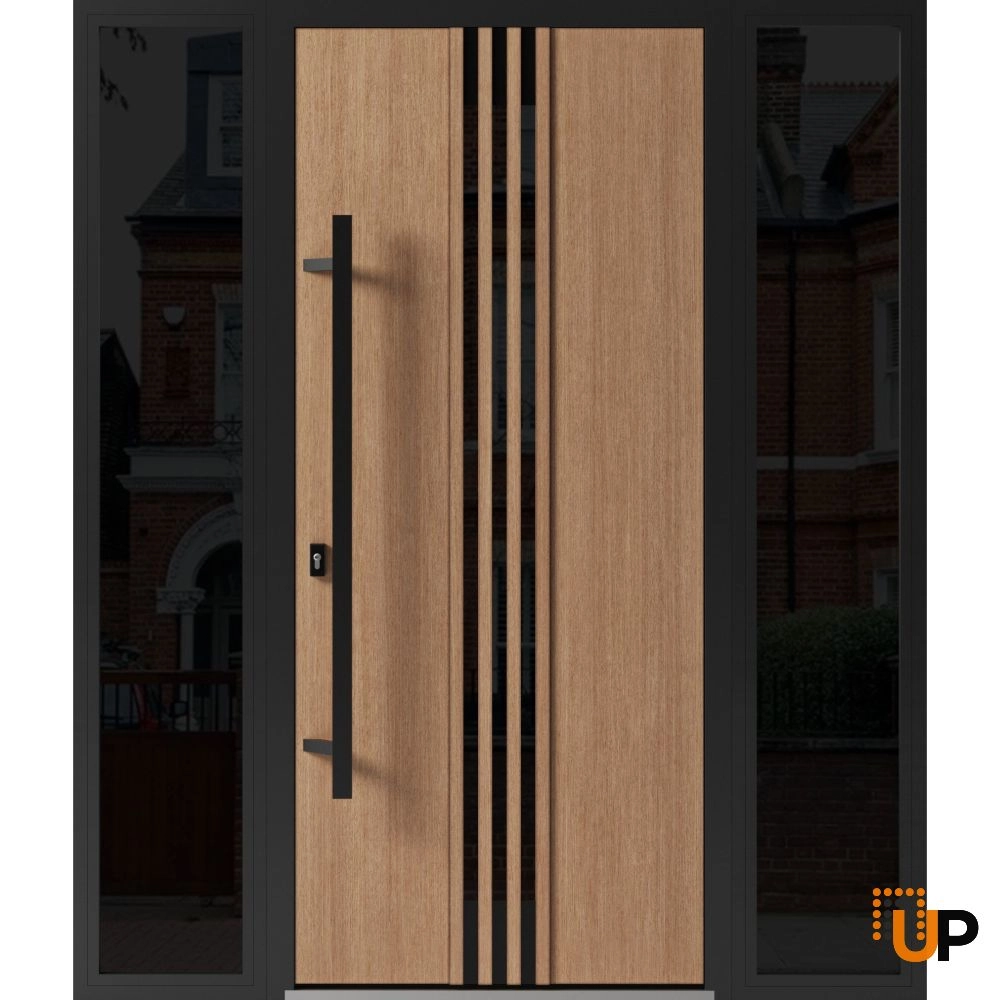 Single swing metal-aluminum modern exterior door with triplex glass | Ronex 1055 Oak | 68 x 80 photo#1