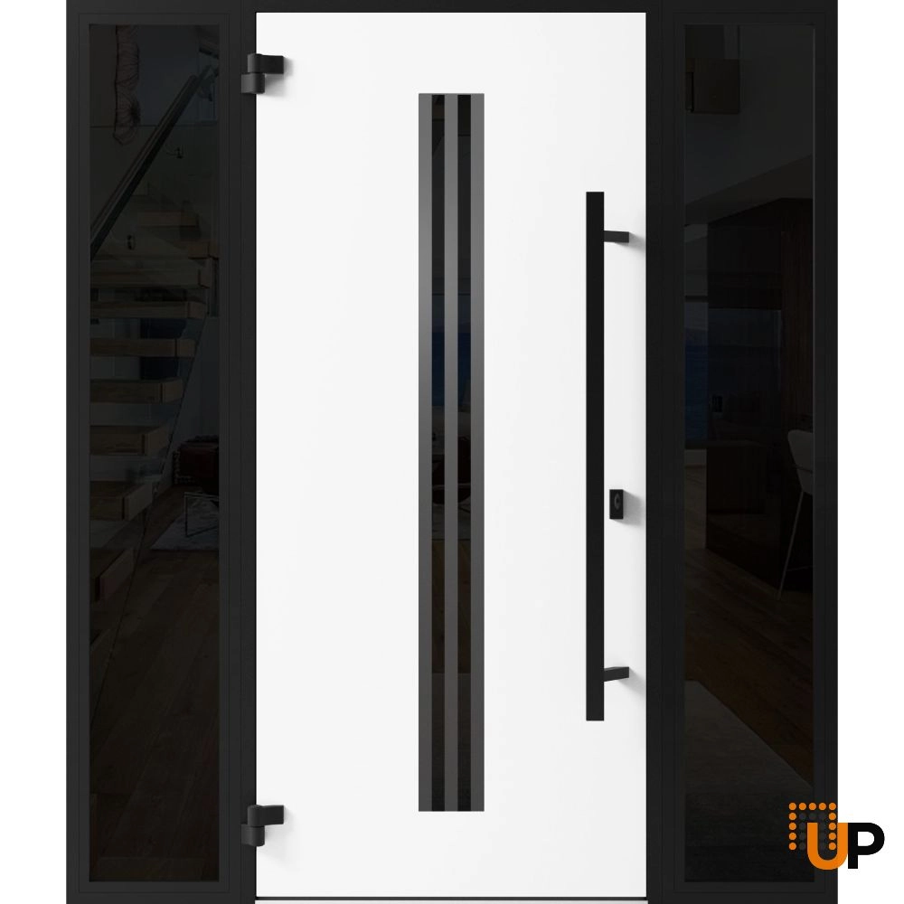 Single swing metal-aluminum modern exterior door with triplex glass | Ronex 1055 Oak | 68 x 80 photo#2
