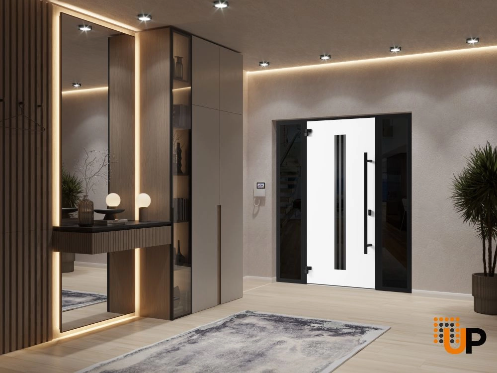 Single swing metal-aluminum modern exterior door with triplex glass | Ronex 1055 Oak | 68 x 80 photo#4
