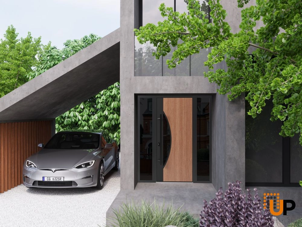 Single swing metal-aluminum modern exterior door with triplex glass | Ronex 1077 Teak | 68 x 80 photo#3