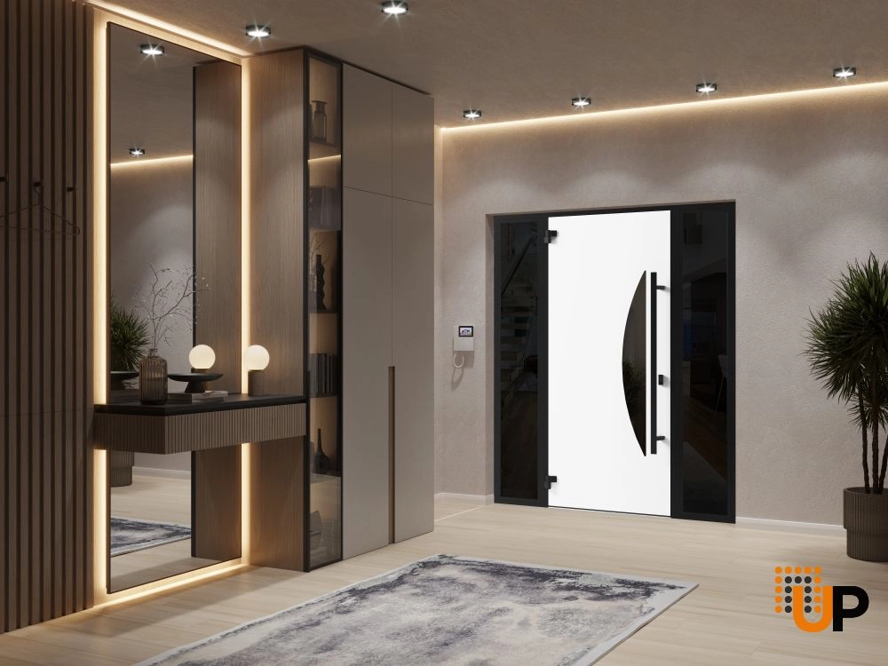 Single swing metal-aluminum modern exterior door with triplex glass | Ronex 1077 Teak | 68 x 80 photo#4