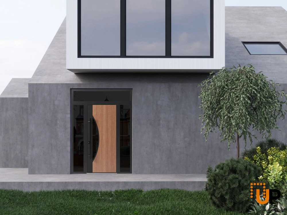 Single swing metal-aluminum modern exterior door with triplex glass | Ronex 1077 Teak | 64 x 96 photo#3