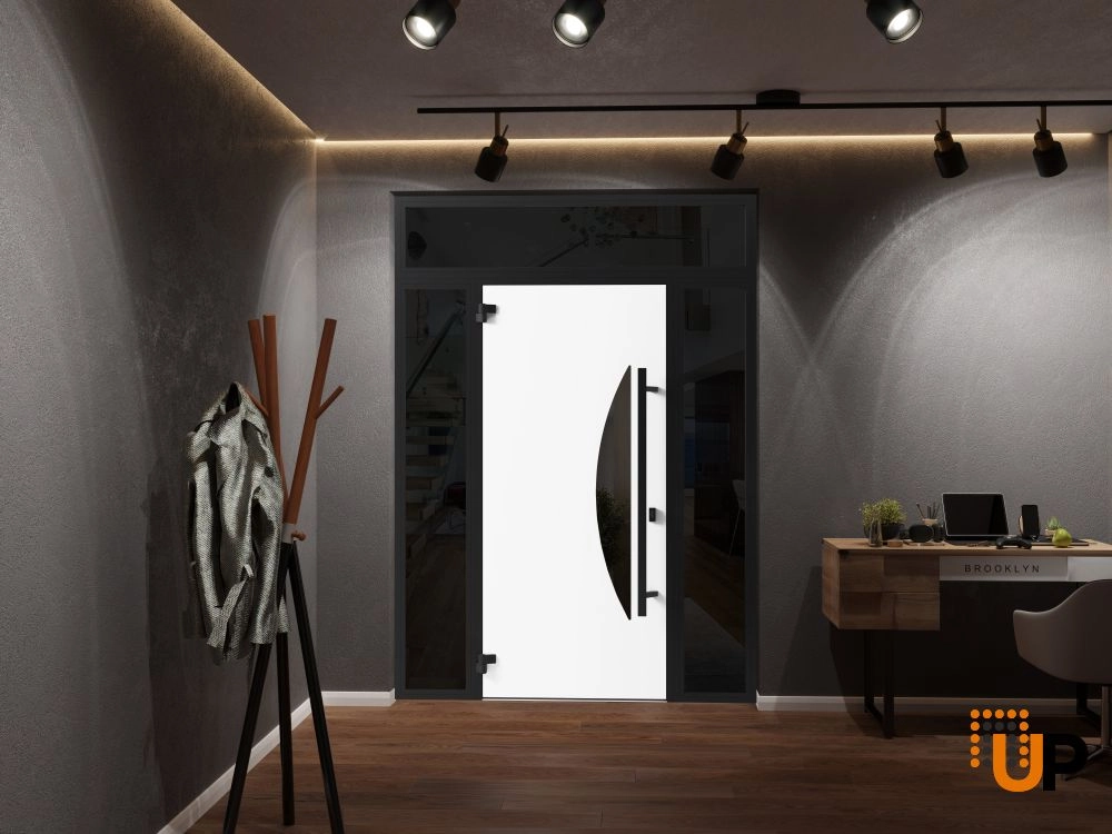 Single swing metal-aluminum modern exterior door with triplex glass | Ronex 1077 Teak | 64 x 96 photo#4