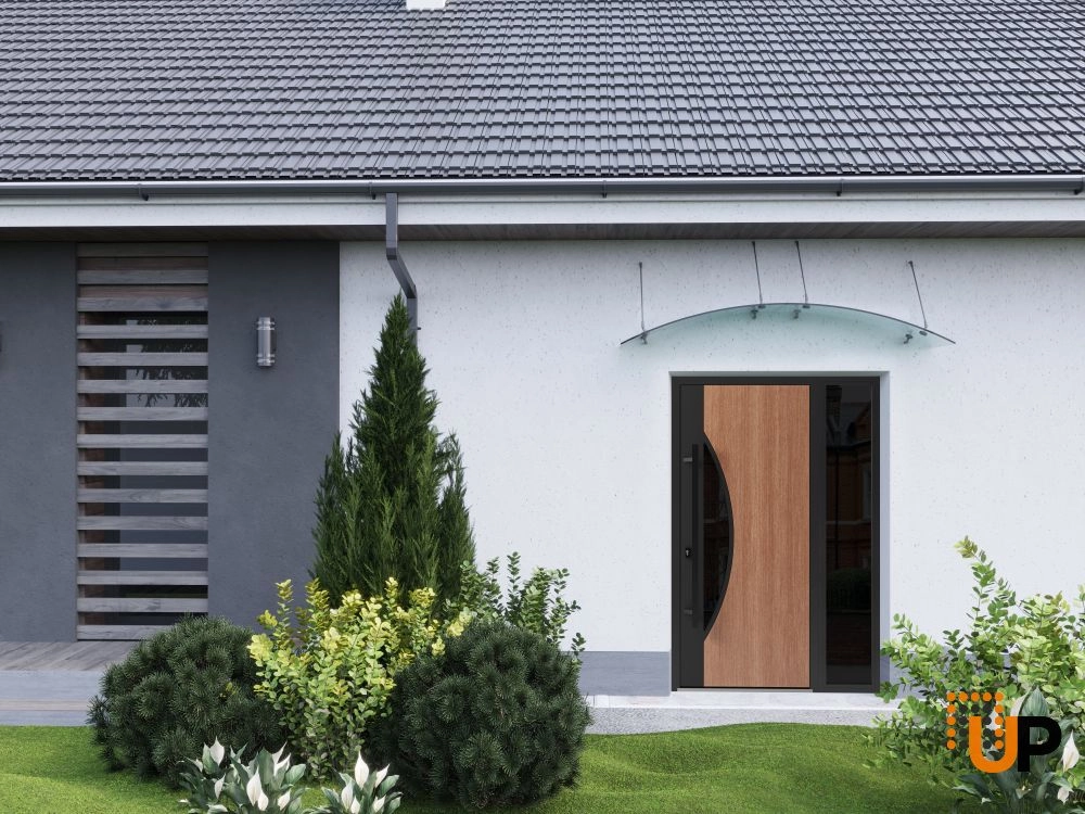 Single swing metal-aluminum modern exterior door with triplex glass | Ronex 1077 Teak | 52 x 80 photo#3