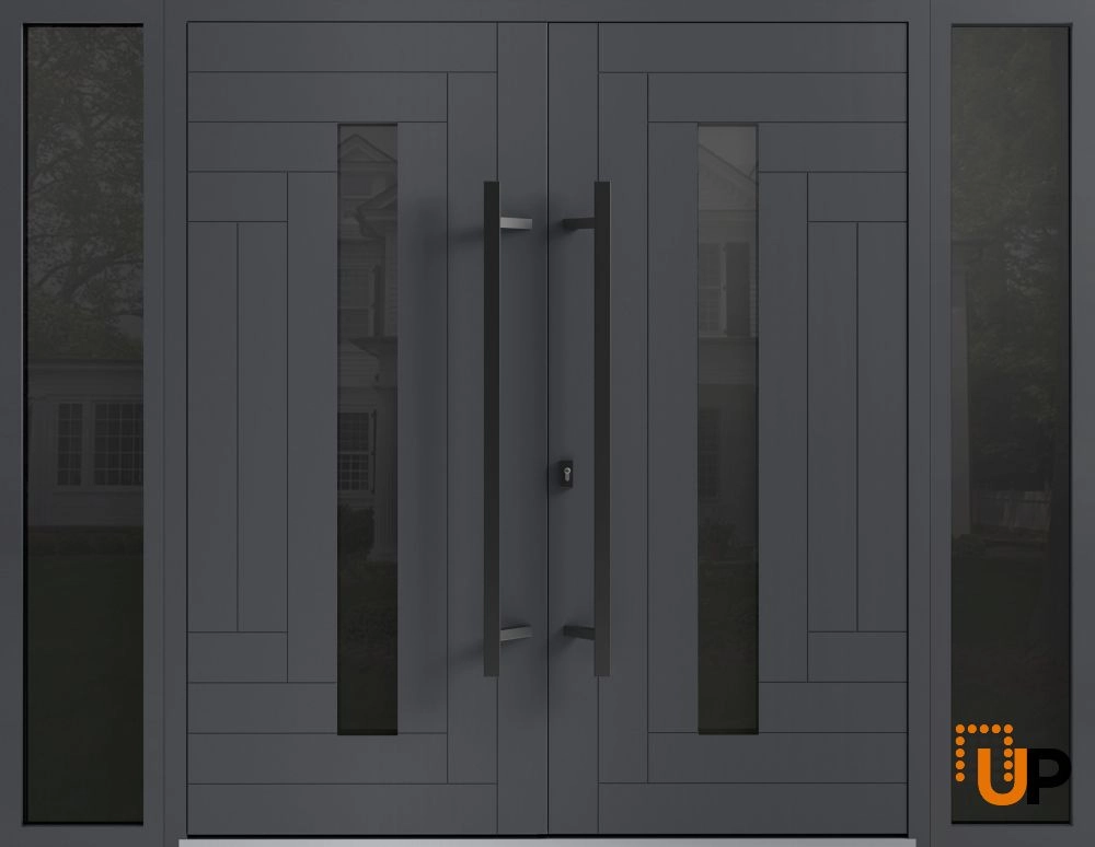 Double swing metal-aluminum modern exterior door with clear-mirrored glass | Ronex 0130 Grey | 96 x 96 (12+72+12 x 96) photo#1