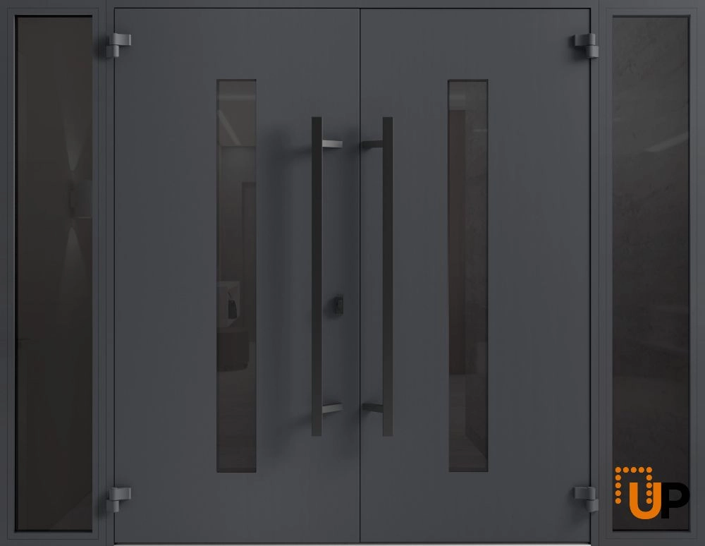 Double swing metal-aluminum modern exterior door with clear-mirrored glass | Ronex 0130 Grey | 100 x 80 (14+72+14 x 80) photo#2