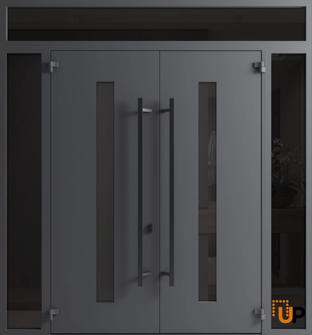 Double swing metal-aluminum modern exterior door with clear-mirrored glass | Ronex 0130 Grey | 100 x 92 (14+72+14 x 80+12) photo#2