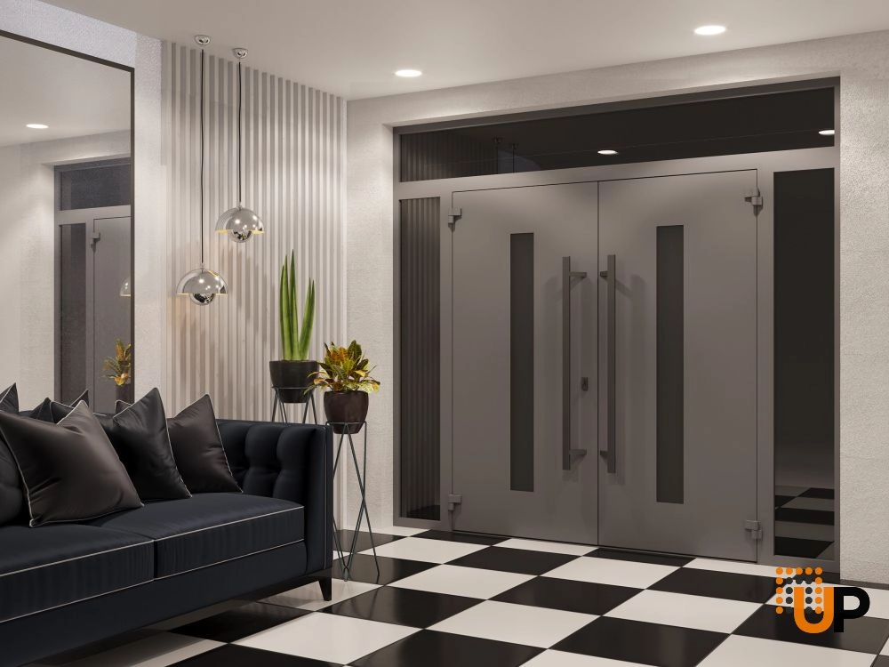 Double swing metal-aluminum modern exterior door with clear-mirrored glass | Ronex 0130 Grey | 100 x 94 (14+72+14 x 80 +14) photo#4