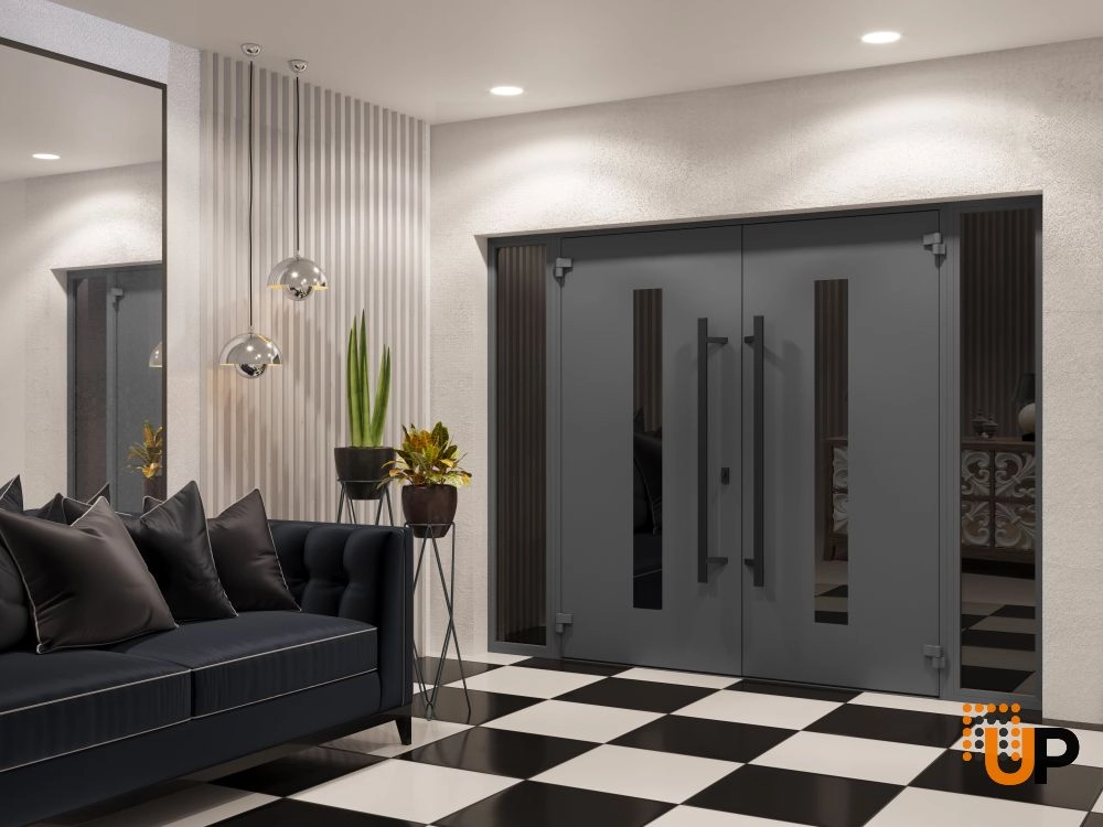 Double swing metal-aluminum modern exterior door with clear-mirrored glass | Ronex 0130 Grey | 104 x 80 (16+72+16 x 80) photo#4