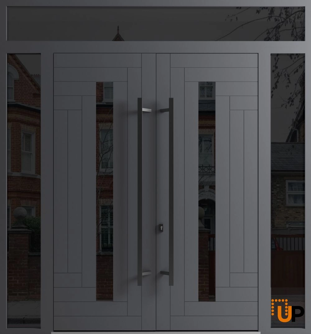 Double swing metal-aluminum modern exterior door with clear-mirrored glass | Ronex 0130 Grey | 104 x 108 (16+72+16 x 96+12) photo#1