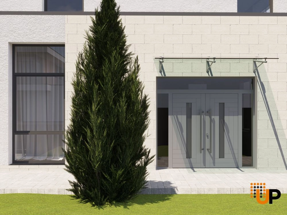 Double swing metal-aluminum modern exterior door with clear-mirrored glass | Ronex 0130 Grey | 104 x 112 (16+72+16 x 96+16) photo#3