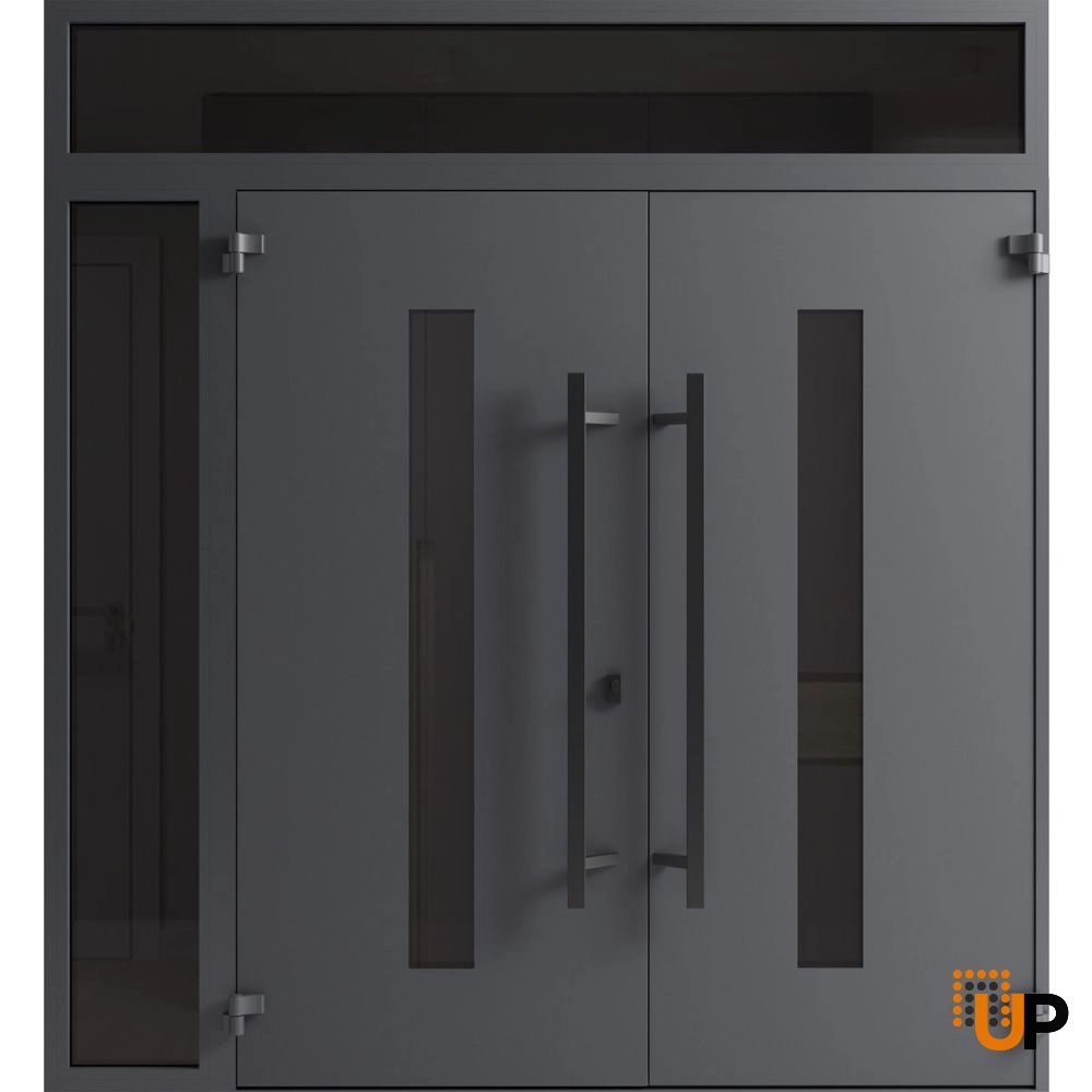 Double swing metal-aluminum modern exterior door with clear-mirrored glass | Ronex 0130 Grey | 84 x 96 (72+12 x 80+16) photo#2