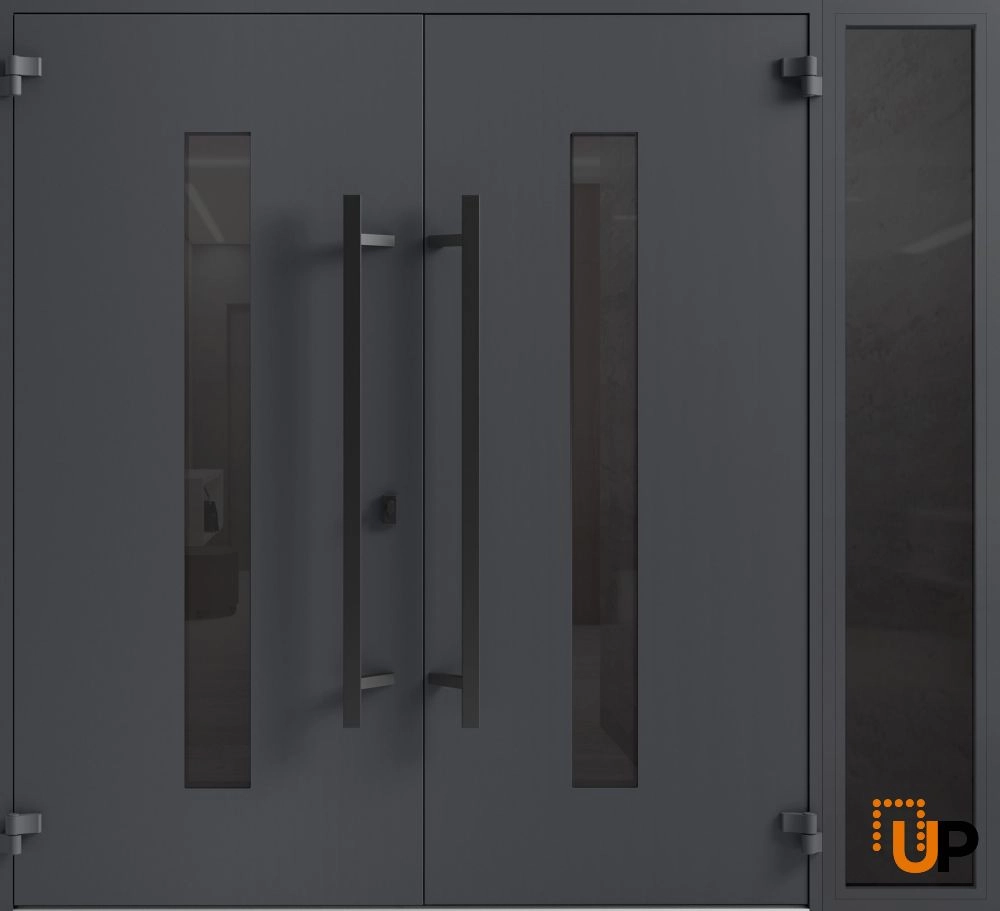 Double swing metal-aluminum modern exterior door with clear-mirrored glass | Ronex 0130 Grey | 84 x 96 (72+12 x 96) photo#2