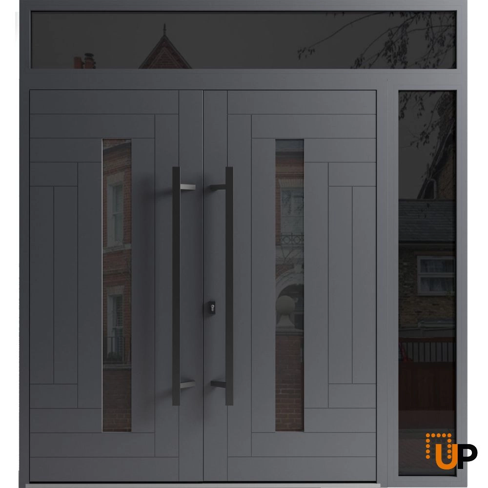 Double swing metal-aluminum modern exterior door with clear-mirrored glass | Ronex 0130 Grey | 84 x 108 (72+12 x 96+12) photo#1