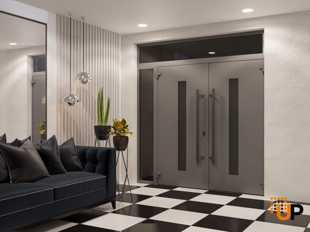 Double swing metal-aluminum modern exterior door with clear-mirrored glass | Ronex 0130 Grey | 84 x 108 (72+12 x 96+12) photo#4