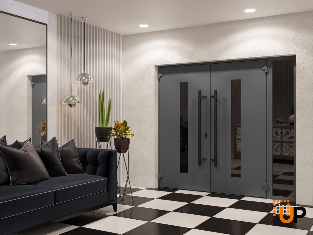 Double swing metal-aluminum modern exterior door with clear-mirrored glass | Ronex 0130 Grey | 86 x 80 (72+14 x 80) photo#4