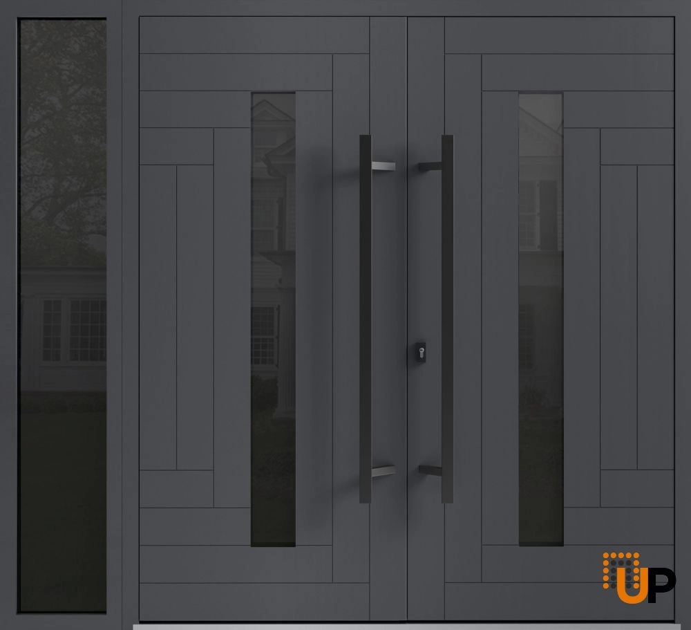 Double swing metal-aluminum modern exterior door with clear-mirrored glass | Ronex 0130 Grey | 88 x 96 (72+16 x 96) photo#1
