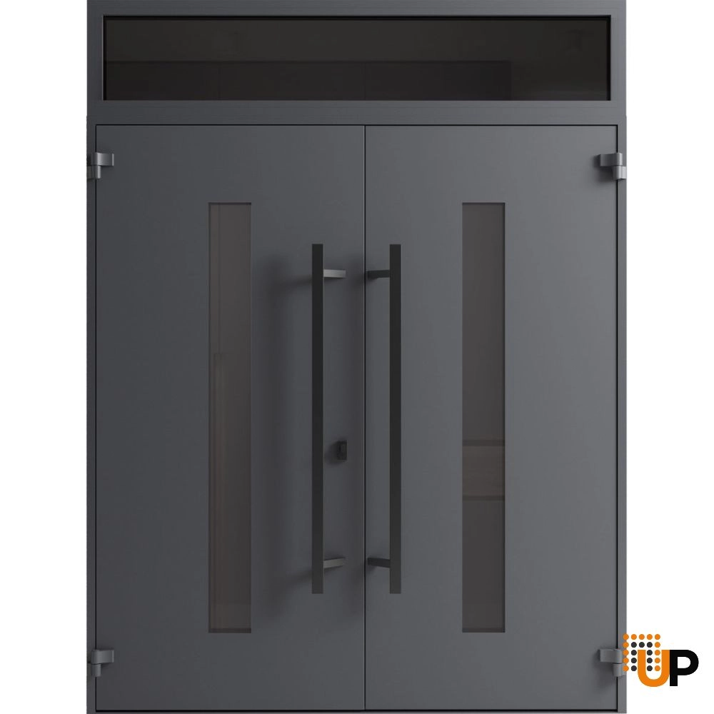 Double swing metal-aluminum modern exterior door with clear-mirrored glass | Ronex 0130 Grey | 72 x 96 (72 x 80+16) photo#2
