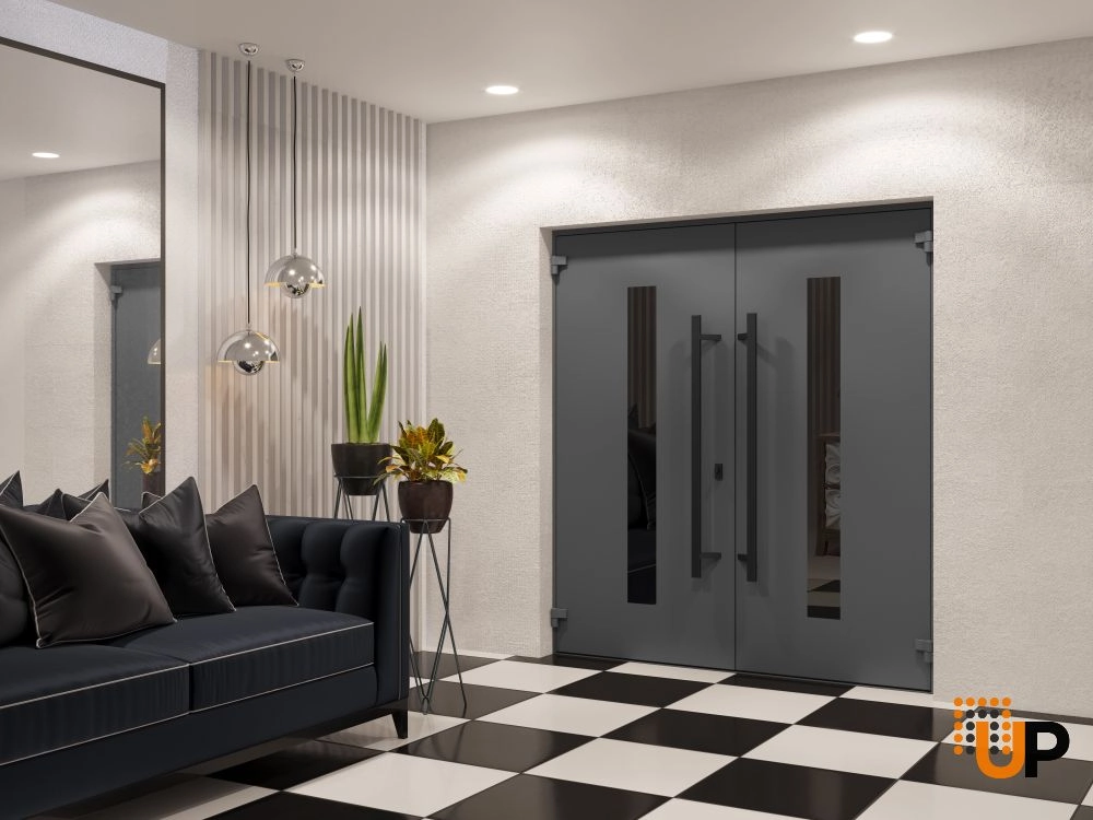 Double swing metal-aluminum modern exterior door with clear-mirrored glass | Ronex 0130 Grey | 72 x 96 (72 x 96) photo#4