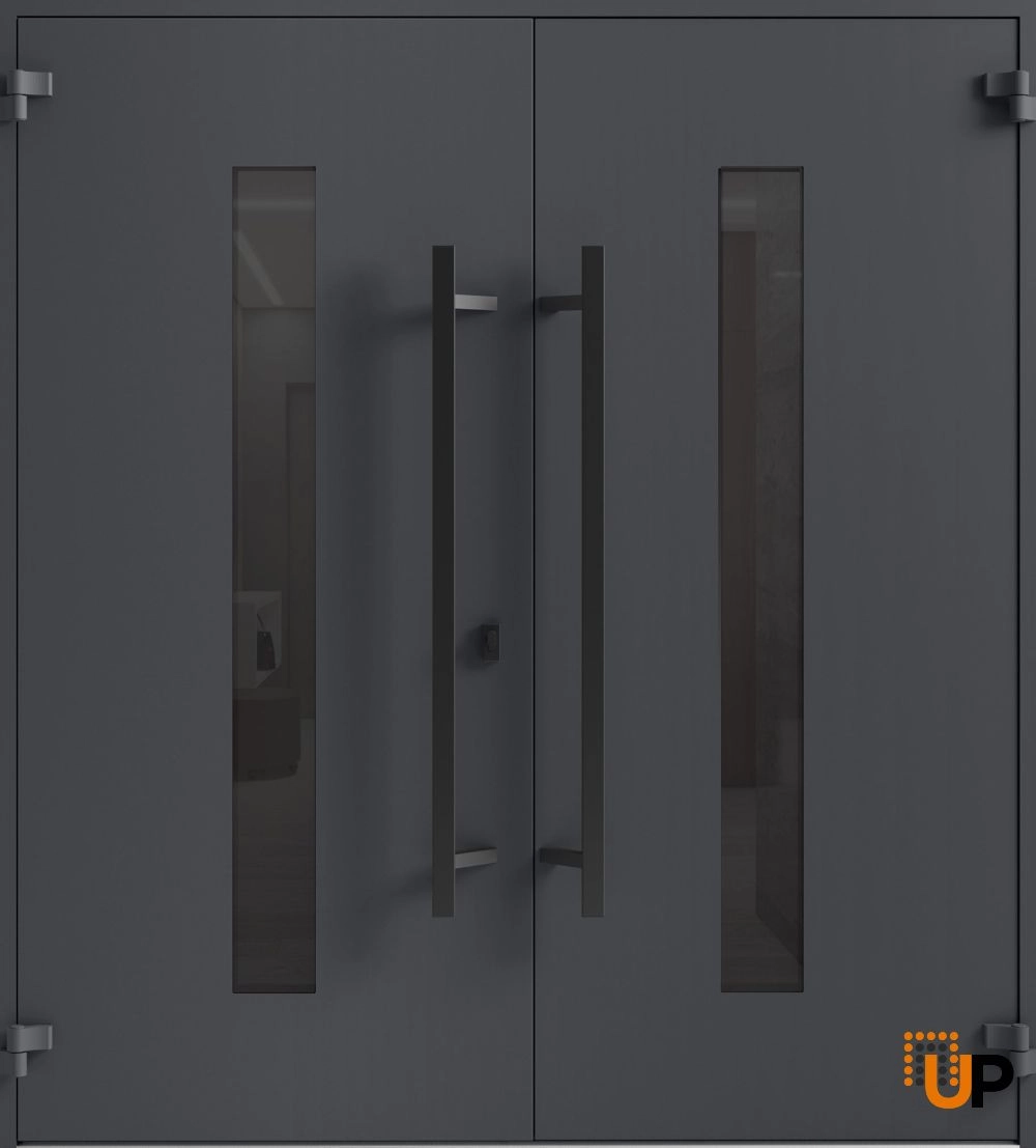 Double swing metal-aluminum modern exterior door with clear-mirrored glass | Ronex 0130 Grey | 72 x 96 (72 x 96) photo#2