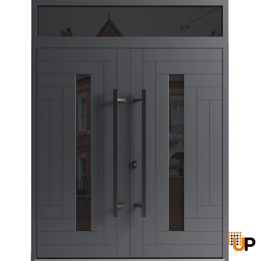 Double swing metal-aluminum modern exterior door with clear-mirrored glass | Ronex 0130 Grey | 72 x 108 (72 x 96+12) photo#1