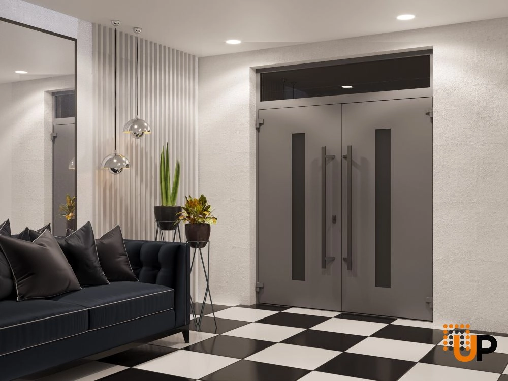 Double swing metal-aluminum modern exterior door with clear-mirrored glass | Ronex 0130 Grey | 72 x 110 (72 x 96+14) photo#4