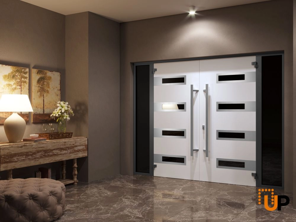 Double swing metal-aluminum modern exterior door with clear-mirrored glass | Ronex 0131 Black Enamel | 96 x 80 (12+72+12 x 80) photo#4