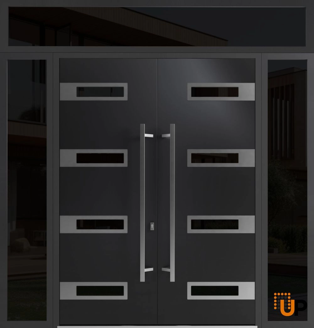 Double swing metal-aluminum modern exterior door with clear-mirrored glass | Ronex 0131 Black Enamel | 96 x 108 (12+72+12 x 96+12) photo#1