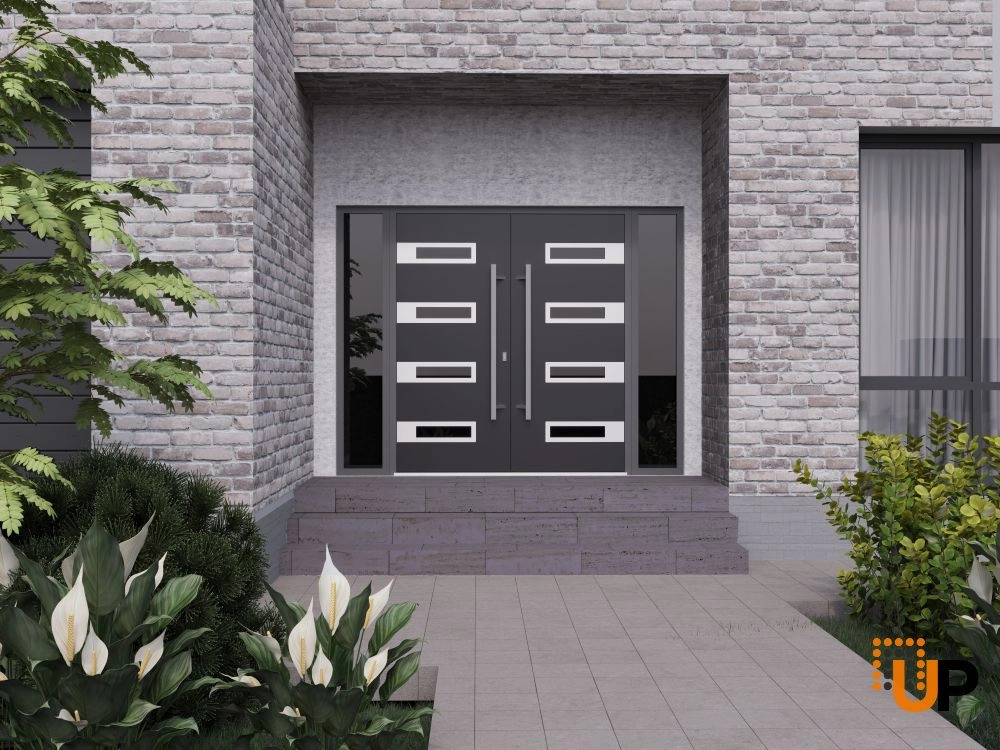 Double swing metal-aluminum modern exterior door with clear-mirrored glass | Ronex 0131 Black Enamel | 100 x 96 (14+72+14 x 96) photo#3