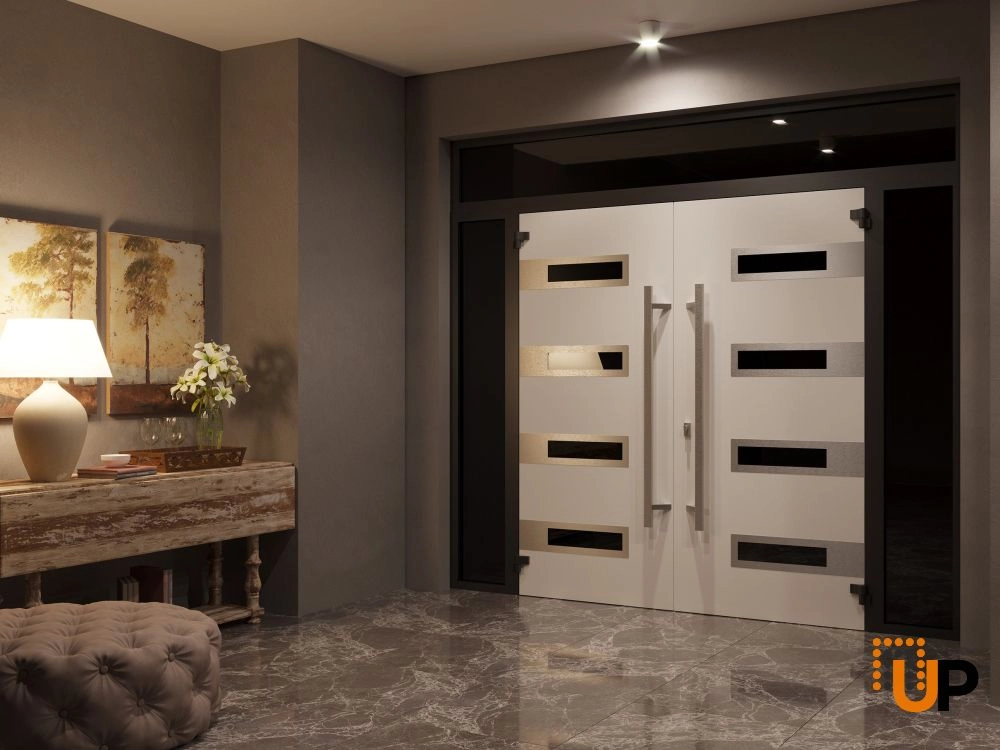 Double swing metal-aluminum modern exterior door with clear-mirrored glass | Ronex 0131 Black Enamel | 100 x 112 (14+72+14 x 96+16) photo#4